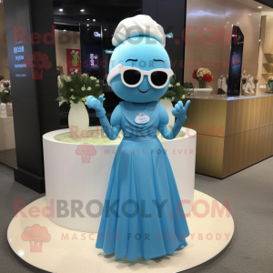 Blue Miso Soup mascot costume character dressed with a Wedding Dress and Sunglasses