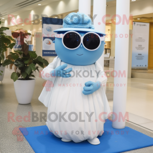 Blue Miso Soup mascot costume character dressed with a Wedding Dress and Sunglasses