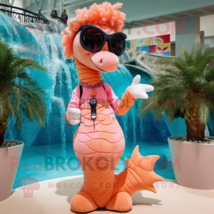 Peach Seahorse mascot costume character dressed with a Vest and Sunglasses