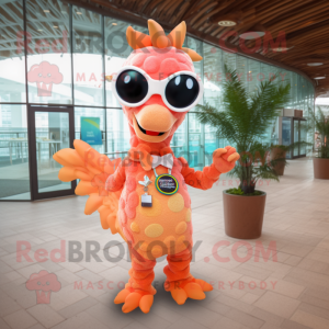 Peach Seahorse mascot costume character dressed with a Vest and Sunglasses