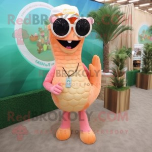 Peach Seahorse mascot costume character dressed with a Vest and Sunglasses