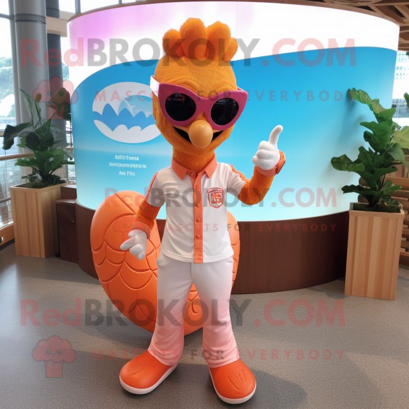 Peach Seahorse mascot costume character dressed with a Vest and Sunglasses Peach Seahorse mascot costume character dressed with a Vest and Sunglasses
