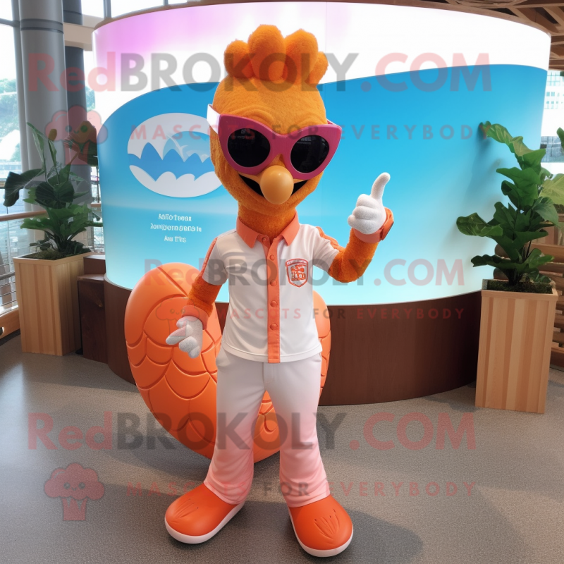 Peach Seahorse mascot costume character dressed with a Vest and Sunglasses