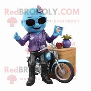 Sky Blue Grape mascot costume character dressed with a Biker Jacket and Pocket squares