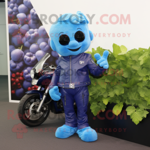 Sky Blue Grape mascot costume character dressed with a Biker Jacket and Pocket squares