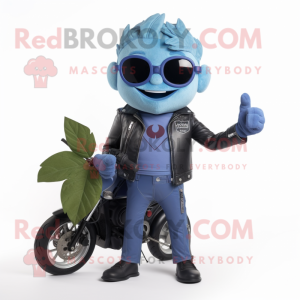 Sky Blue Grape mascot costume character dressed with a Biker Jacket and Pocket squares