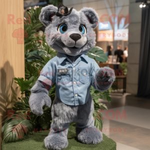 Gray Puma mascot costume character dressed with a Chambray Shirt and Hairpins