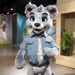 Gray Puma mascot costume character dressed with a Chambray Shirt and Hairpins