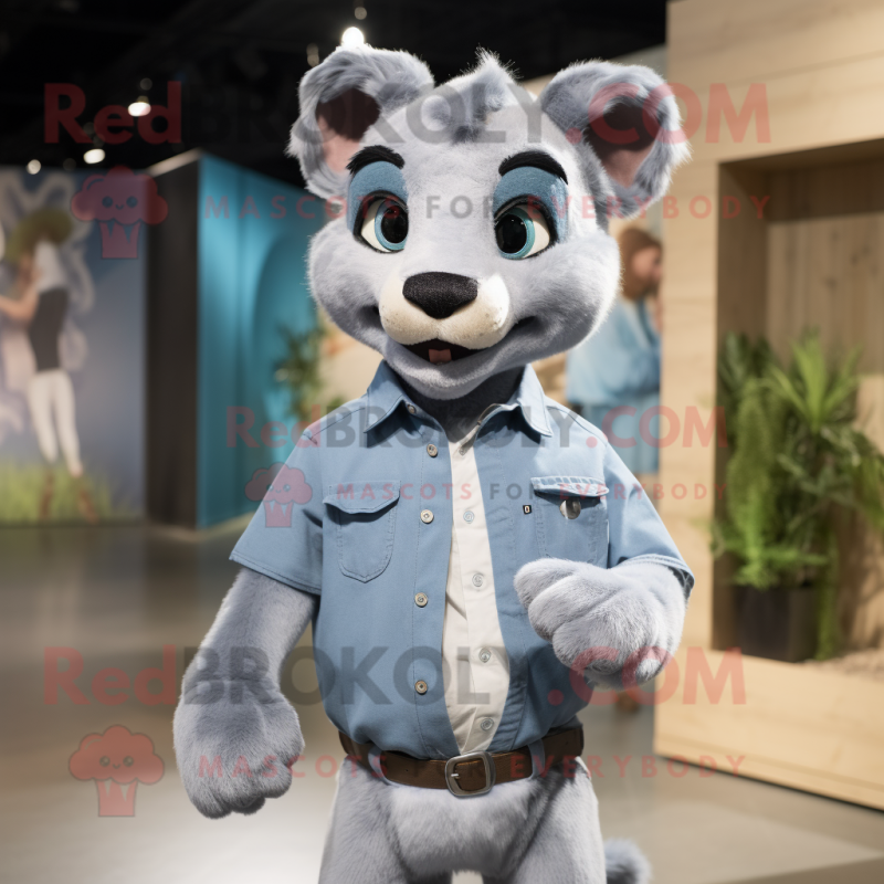 Gray Puma mascot costume character dressed with a Chambray Shirt and Hairpins Gray Puma mascot costume character dressed with a Chambray Shirt and Hairpins