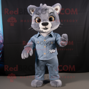 Gray Puma mascot costume character dressed with a Chambray Shirt and Hairpins