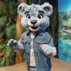 Gray Puma mascot costume character dressed with a Chambray Shirt and Hairpins