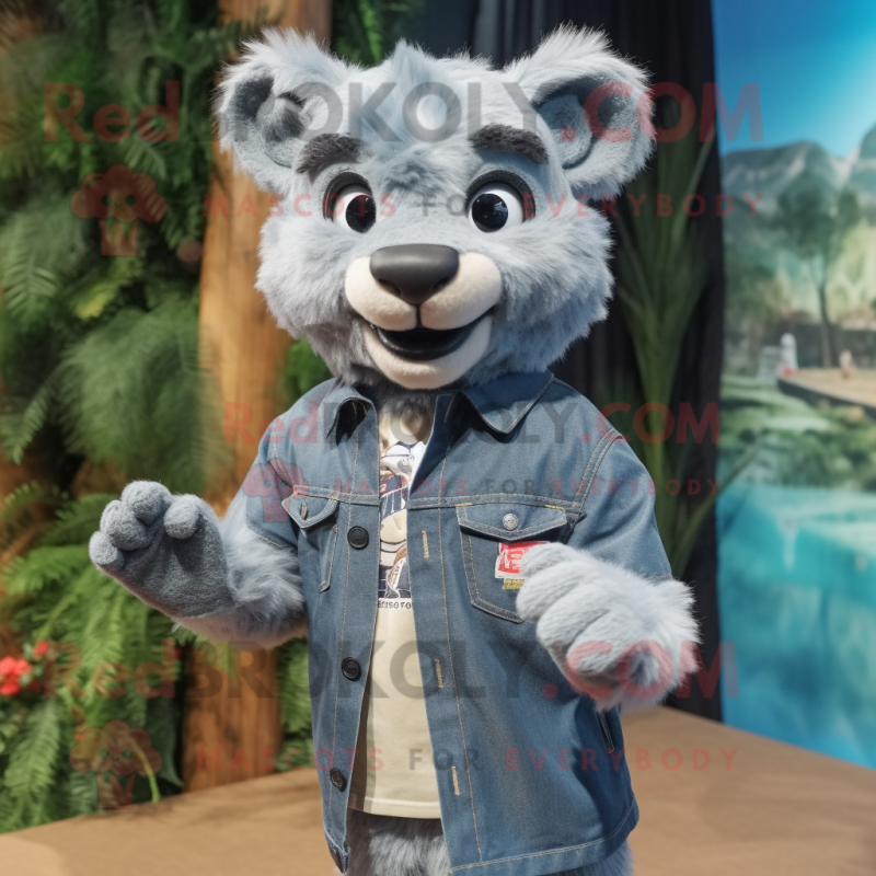Gray Puma mascot costume character dressed with a Chambray Shirt and Hairpins Gray Puma mascot costume character dressed with a Chambray Shirt and Hairpins