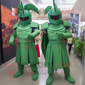 Green Spartan Soldier mascot costume character dressed with a Midi Dress and Cummerbunds