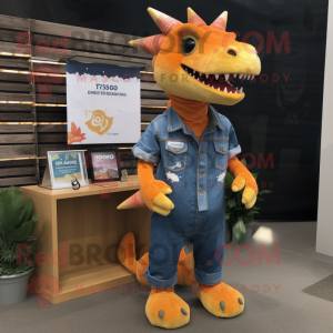 Orange Stegosaurus mascot costume character dressed with a Denim Shirt and Necklaces