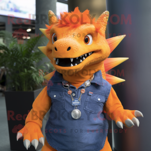 Orange Stegosaurus mascot costume character dressed with a Denim Shirt and Necklaces