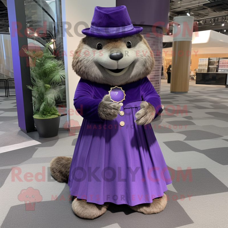 Purple Beaver mascot costume character dressed with a Maxi Skirt and Rings Purple Beaver mascot costume character dressed with a Maxi Skirt and Rings
