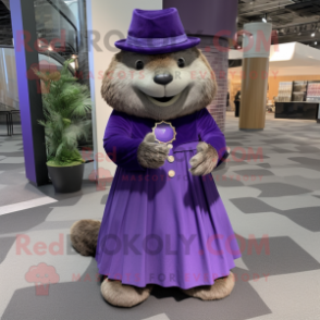 Purple Beaver mascot costume character dressed with a Maxi Skirt and Rings