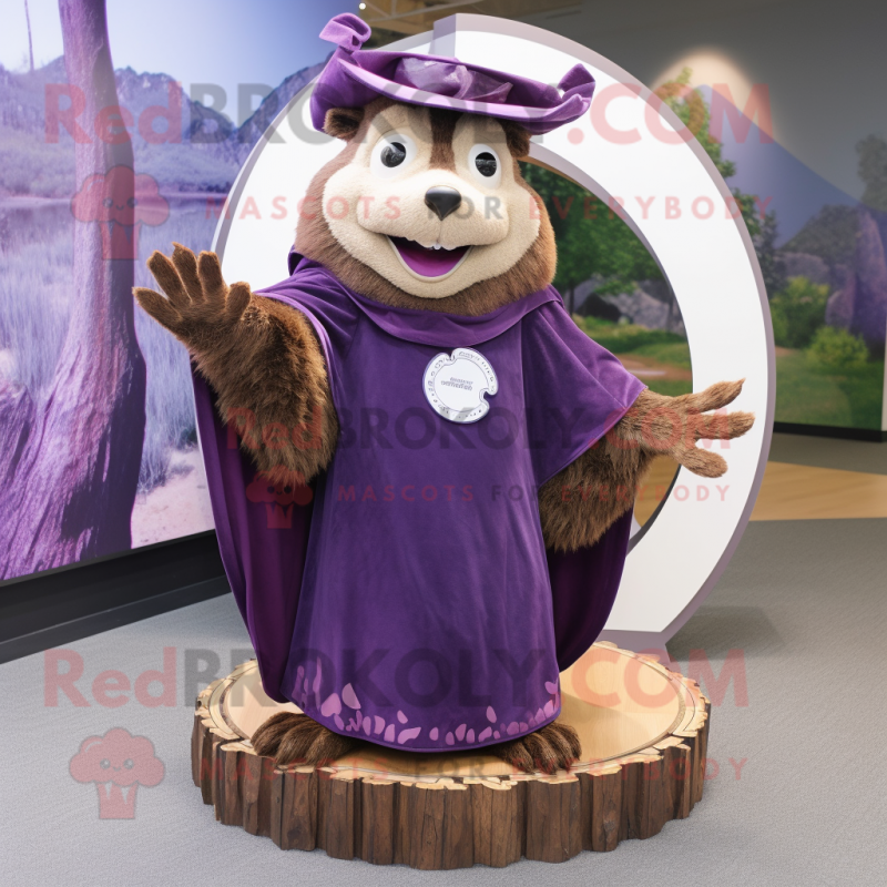 Purple Beaver mascot costume character dressed with a Maxi Skirt and Rings