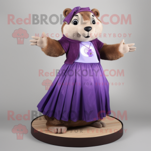 Purple Beaver mascot costume character dressed with a Maxi Skirt and Rings