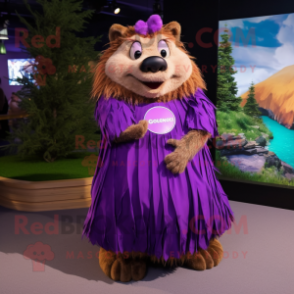 Purple Beaver mascot costume character dressed with a Maxi Skirt and Rings