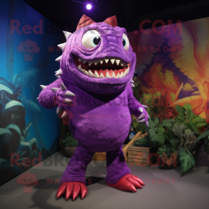 Purple Piranha mascot costume character dressed with a Bodysuit and Anklets