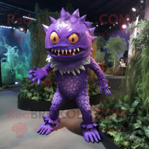 Purple Piranha mascot costume character dressed with a Bodysuit and Anklets
