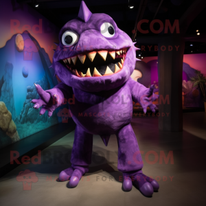 Purple Piranha mascot costume character dressed with a Bodysuit and Anklets