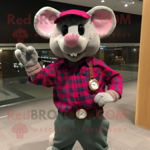 Magenta Mouse mascot costume character dressed with a Flannel Shirt and Bracelet watches