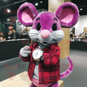 Magenta Mouse mascot costume character dressed with a Flannel Shirt and Bracelet watches