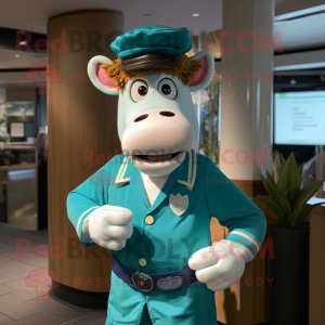 Turquoise Guernsey Cow mascot costume character dressed with a Polo Shirt and Mittens