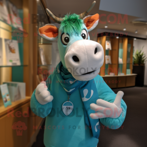 Turquoise Guernsey Cow mascot costume character dressed with a Polo Shirt and Mittens