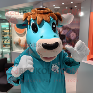 Turquoise Guernsey Cow mascot costume character dressed with a Polo Shirt and Mittens
