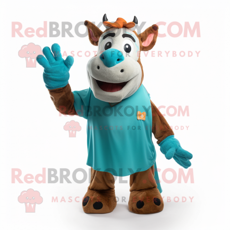 Turquoise Guernsey Cow mascot costume character dressed with a Polo Shirt and Mittens Turquoise Guernsey Cow mascot costume character dressed with a Polo Shirt and Mittens