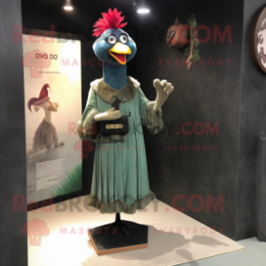 Olive Rooster mascot costume character dressed with a Evening Gown and Clutch bags