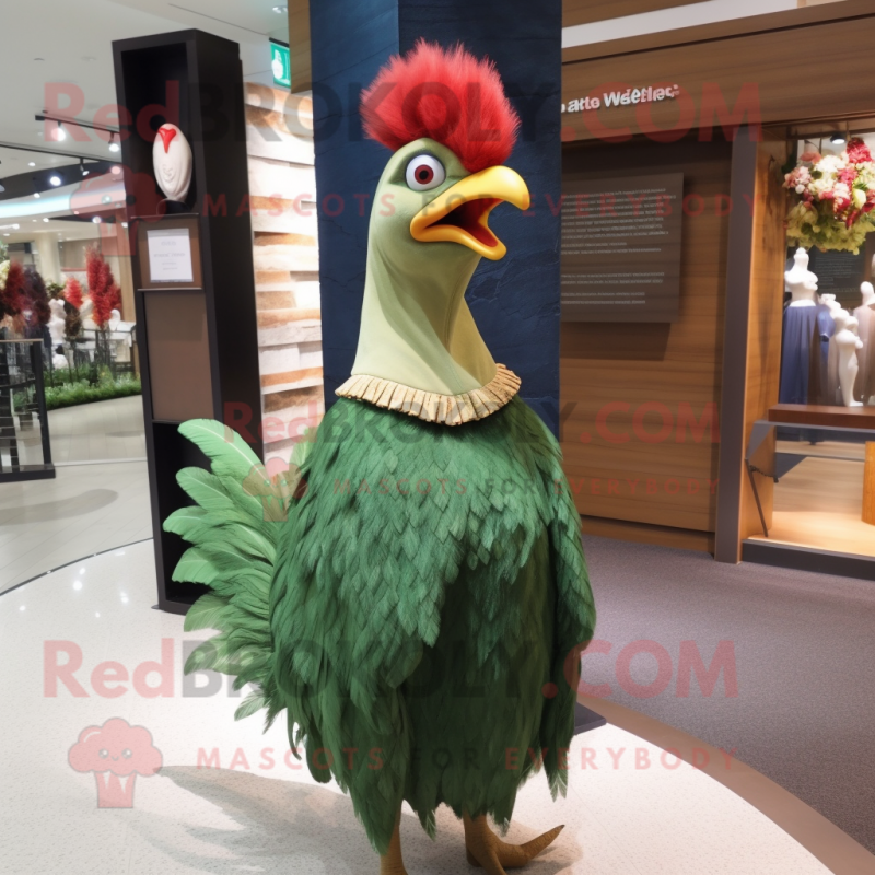 Olive Rooster mascot costume character dressed with a Evening Gown and Clutch bags Olive Rooster mascot costume character dressed with a Evening Gown and Clutch bags