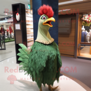 Olive Rooster mascot costume character dressed with a Evening Gown and Clutch bags