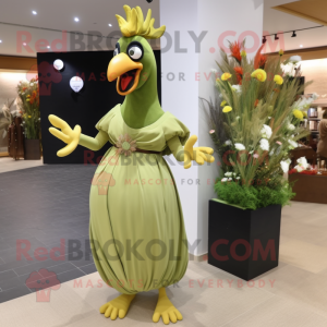 Olive Rooster mascot costume character dressed with a Evening Gown and Clutch bags