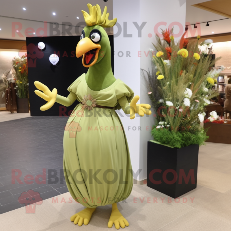 Olive Rooster mascot costume character dressed with a Evening Gown and Clutch bags Olive Rooster mascot costume character dressed with a Evening Gown and Clutch bags