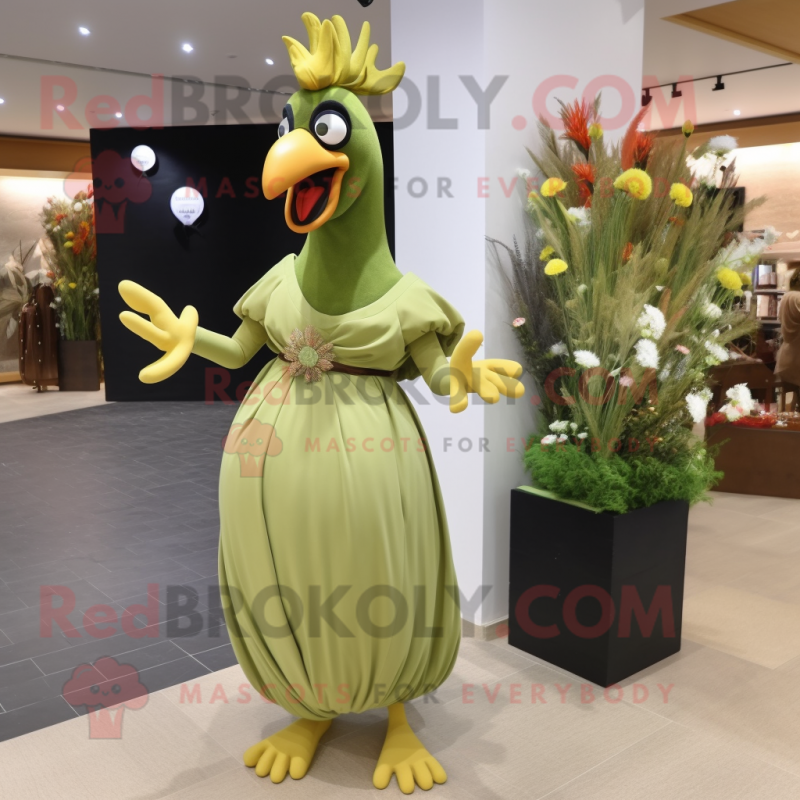 Olive Rooster mascot costume character dressed with a Evening Gown and Clutch bags