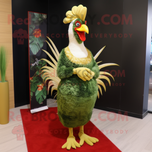 Olive Rooster mascot costume character dressed with a Evening Gown and Clutch bags