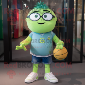 Lime Green Handball Ball mascot costume character dressed with a Denim Shorts and Reading glasses