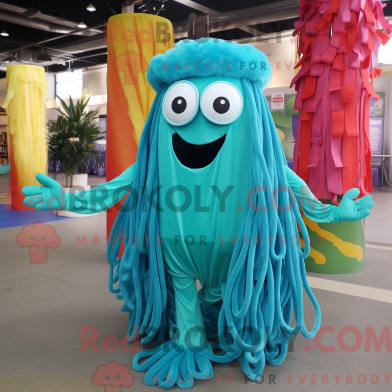 Fantasia de mascote de macarrão turquesa com macacão e presilhas de cachecol - Mascotes de espaguete - RedBrokoly.com