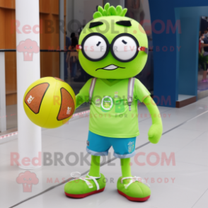 Lime Green Handball Ball mascot costume character dressed with a Denim Shorts and Reading glasses