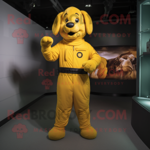 Yellow Dog mascot costume character dressed with a Jumpsuit and Belts