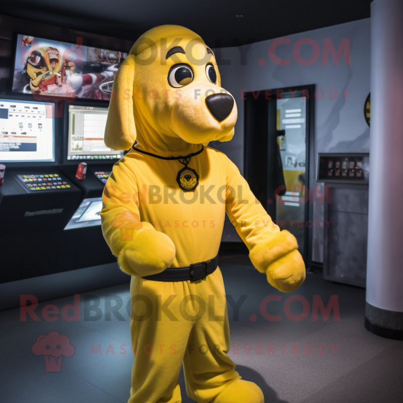 Yellow Dog mascot costume character dressed with a Jumpsuit and Belts