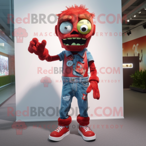 Red Zombie mascot costume character dressed with a Denim Shorts and Anklets
