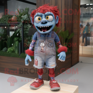 Red Zombie mascot costume character dressed with a Denim Shorts and Anklets