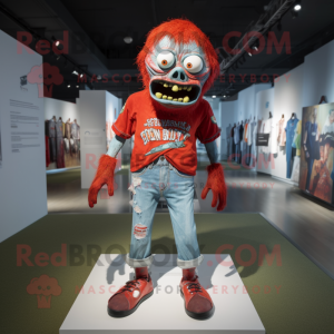 Red Zombie mascot costume character dressed with a Denim Shorts and Anklets