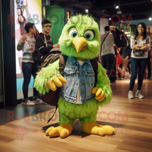 Lime Green Haast'S Eagle mascot costume character dressed with a Boyfriend Jeans and Backpacks