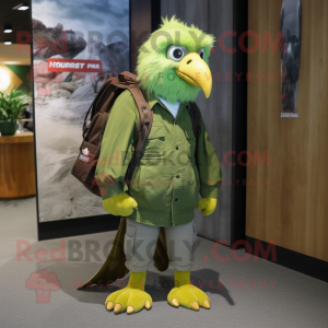 Lime Green Haast'S Eagle mascot costume character dressed with a Boyfriend Jeans and Backpacks